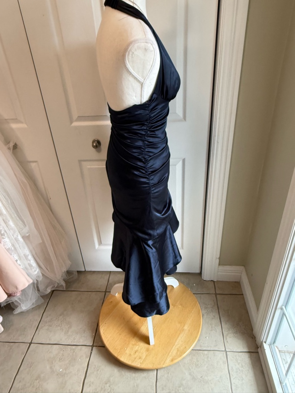 Morgan & Co. Navy Satin Halter Asymmetrical Ruffle Dress - Picture 6 of 14